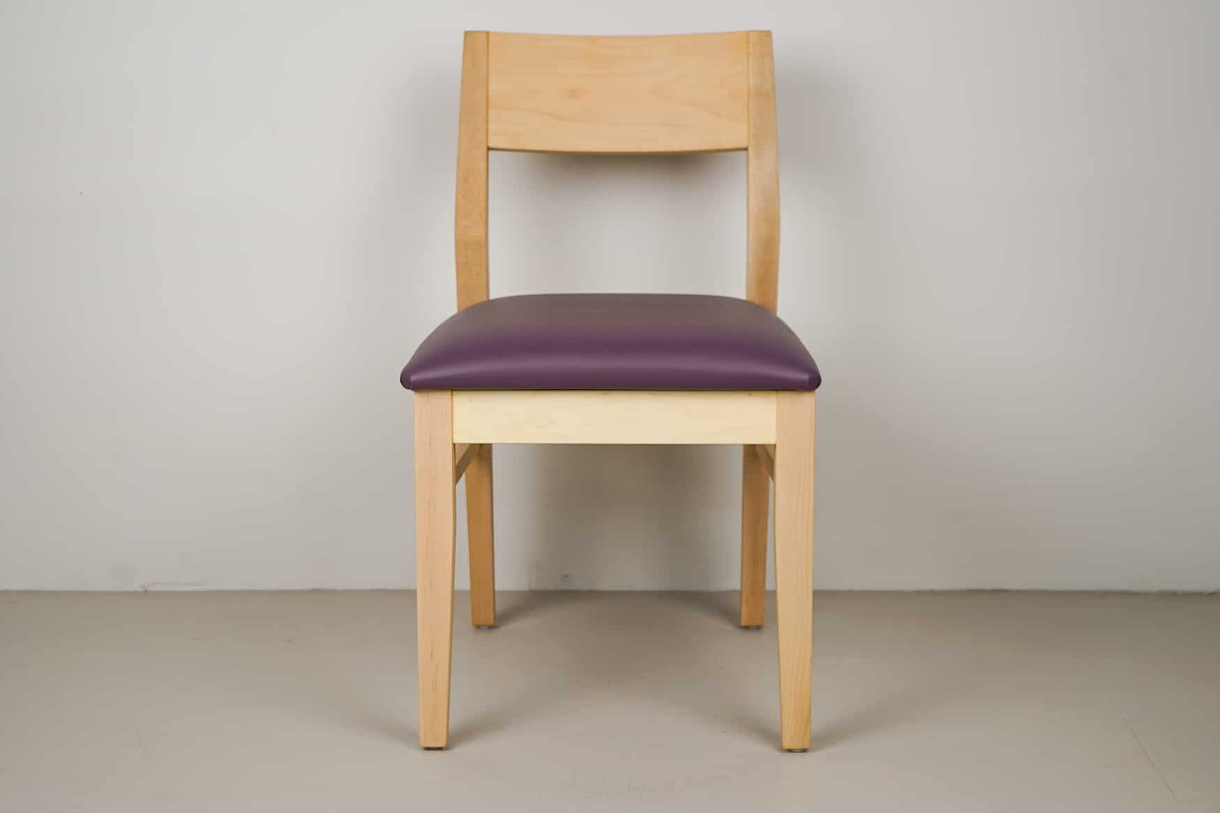 plum faux leather seat on natural maple chair