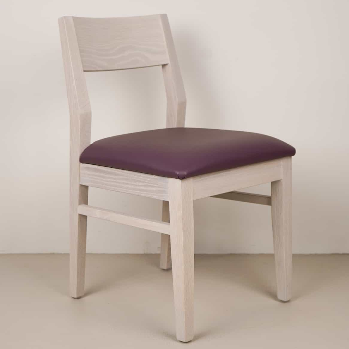 plum faux leather seat on white oak chair