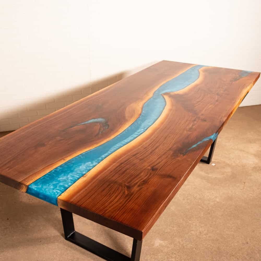 river table with blue epoxy