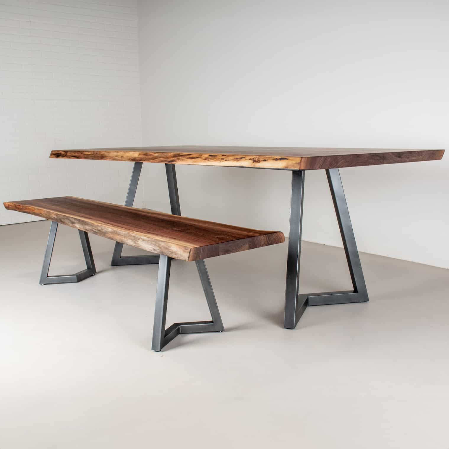 bookmatch live edge walnut table and bench