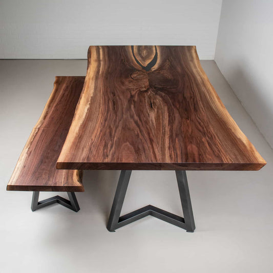 bookmatch live edge walnut table and bench