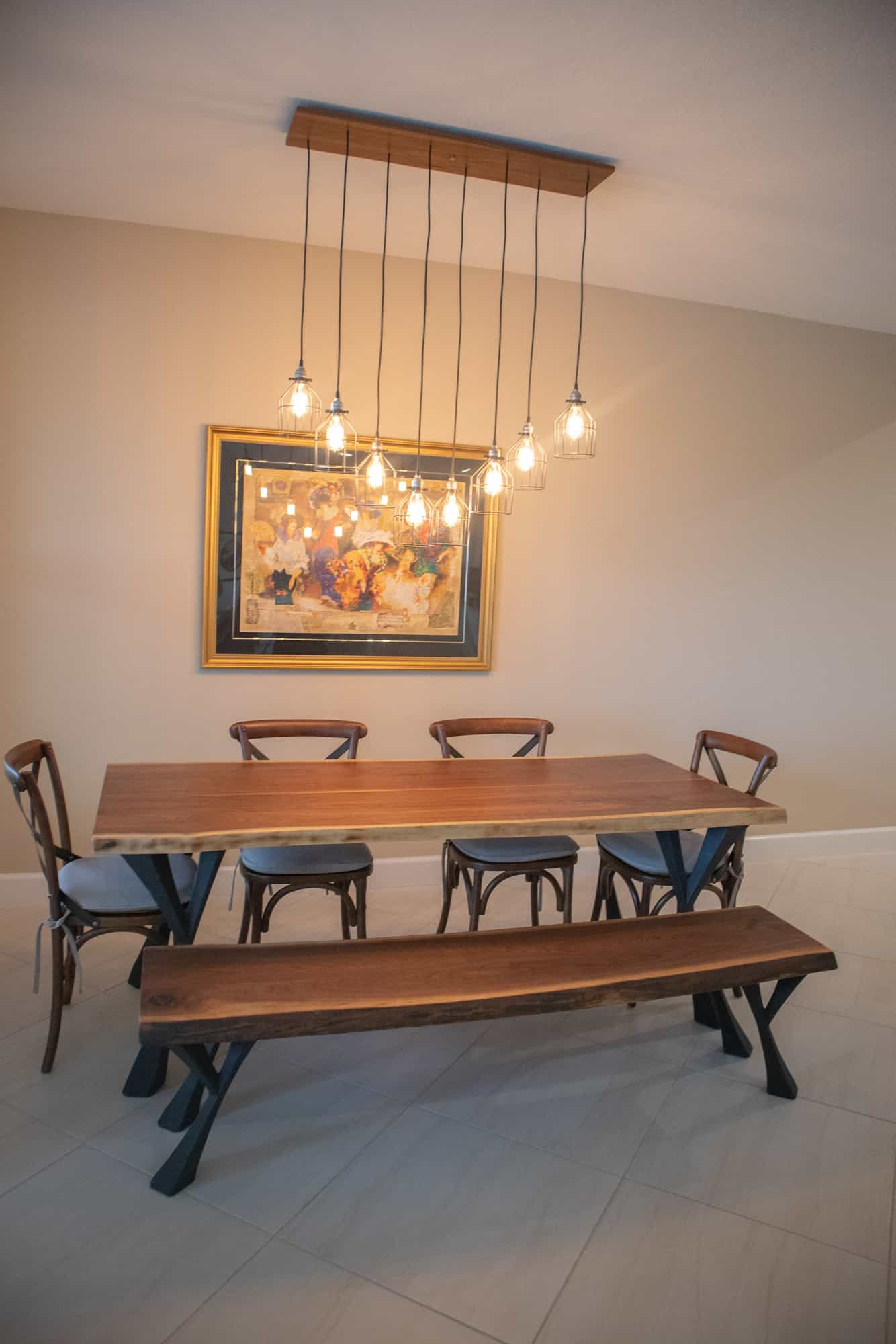 live edge walnut table and bench