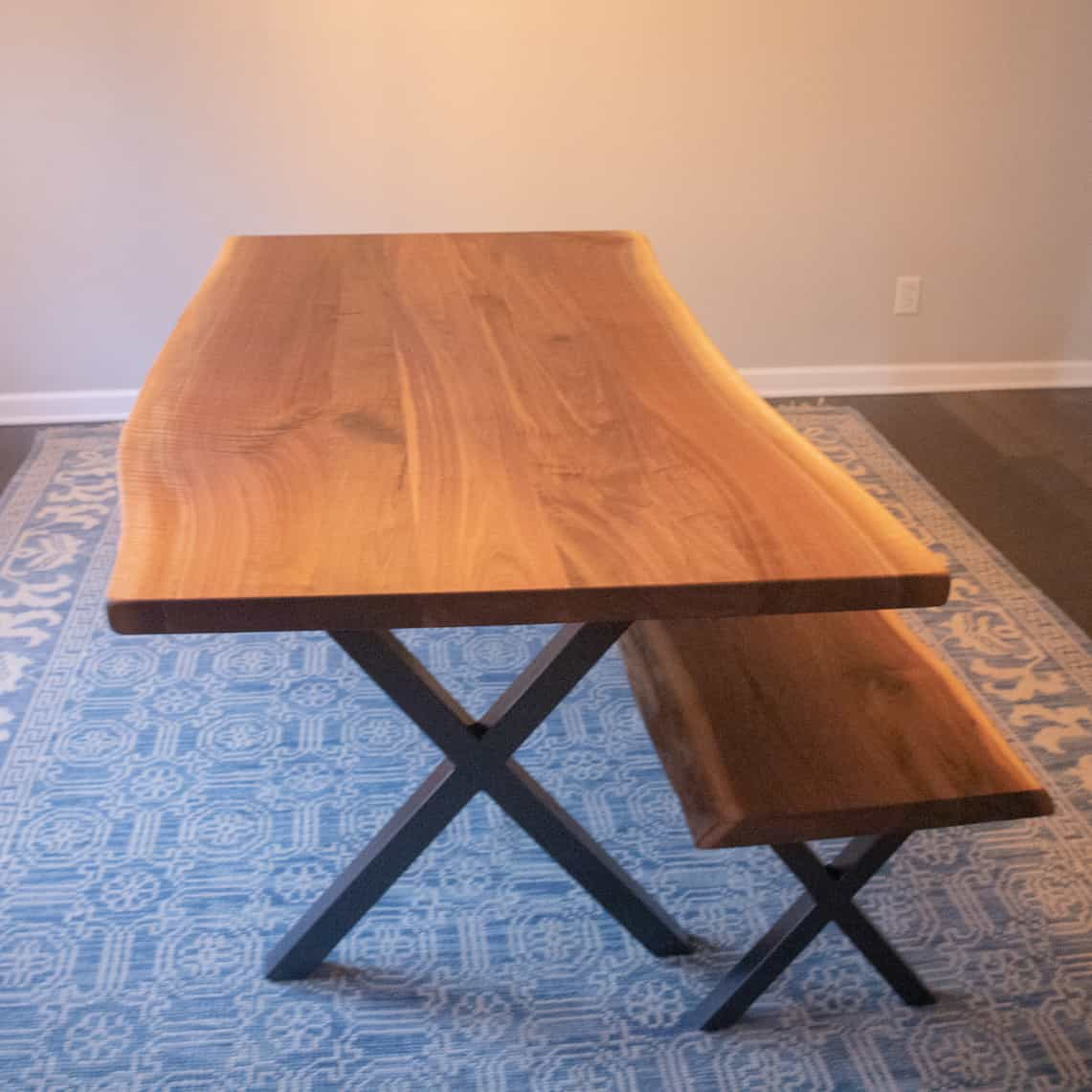 live edge walnut table on steel x legs