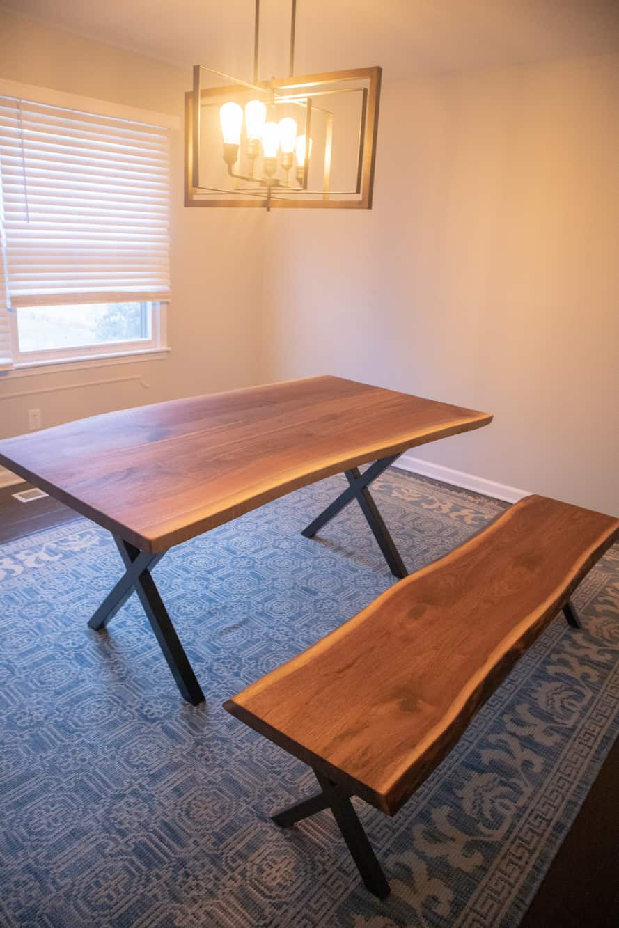 live edge walnut table and bench