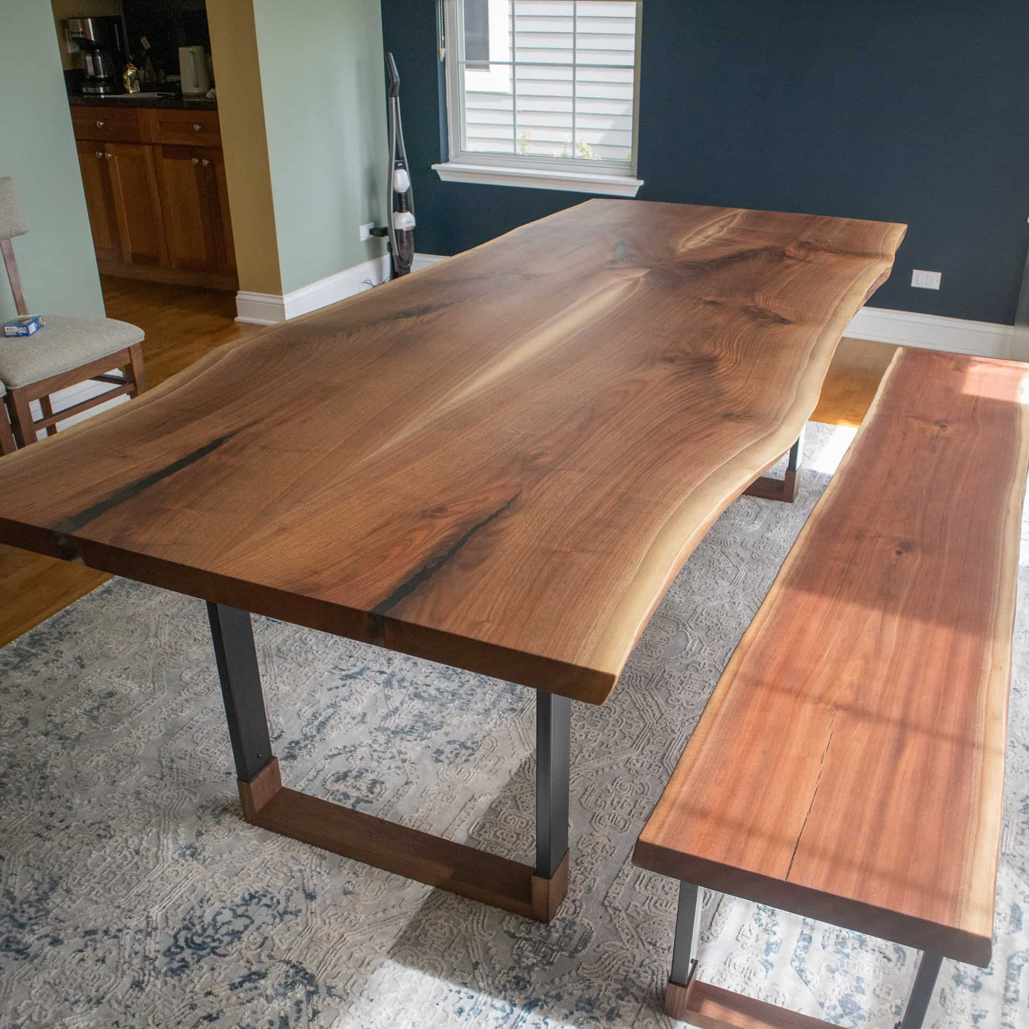 live edge walnut table and bench