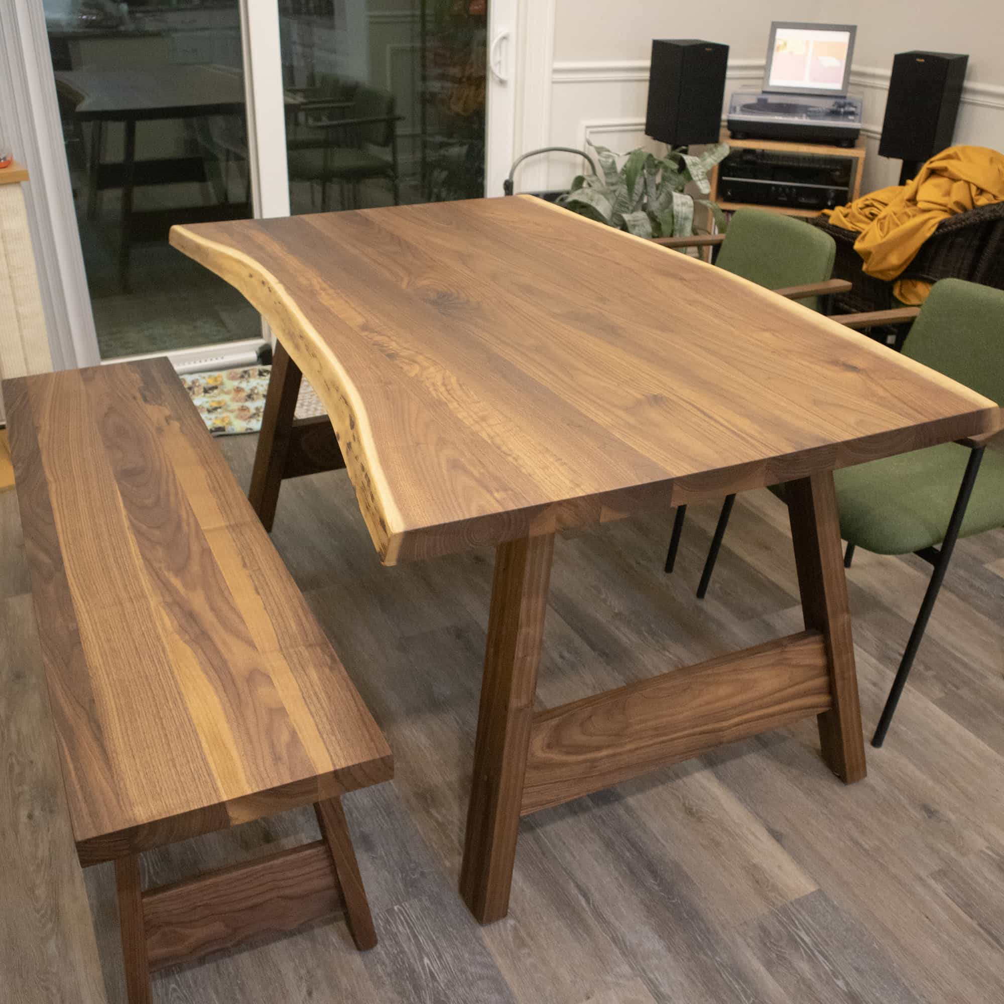 live edge walnut table and bench