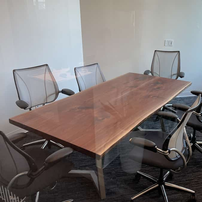 bookmatch walnut table on steel legs