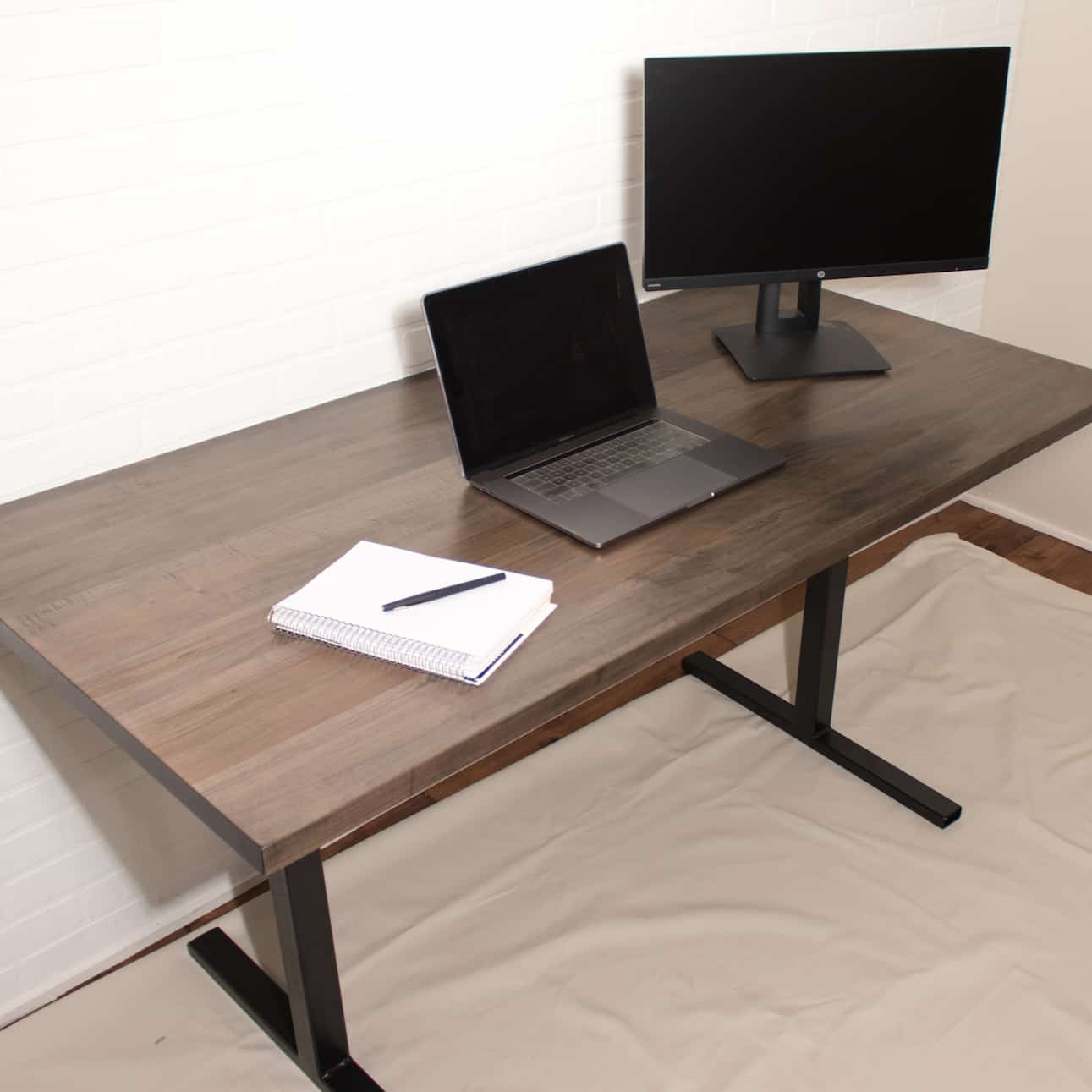 maple desk on steel T legs