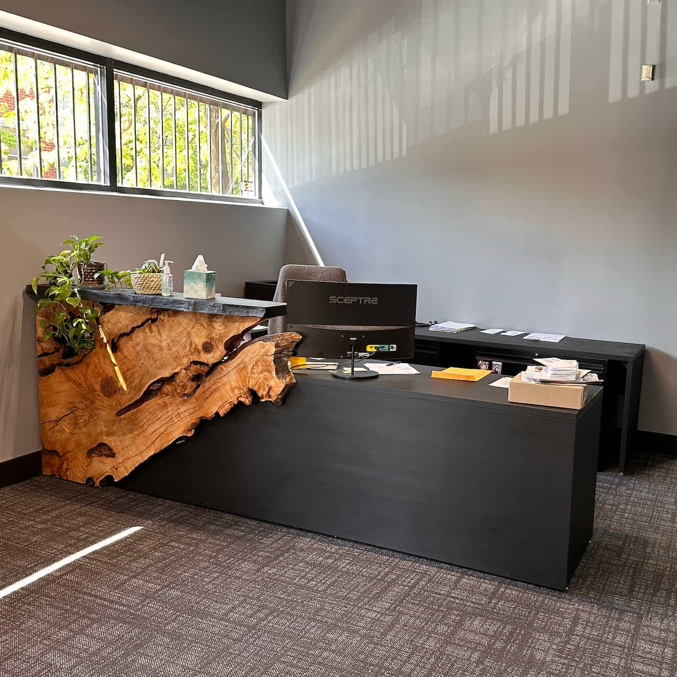 reception desk with live edge feature