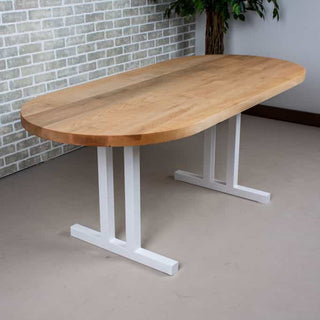 oval wood table on steel legs