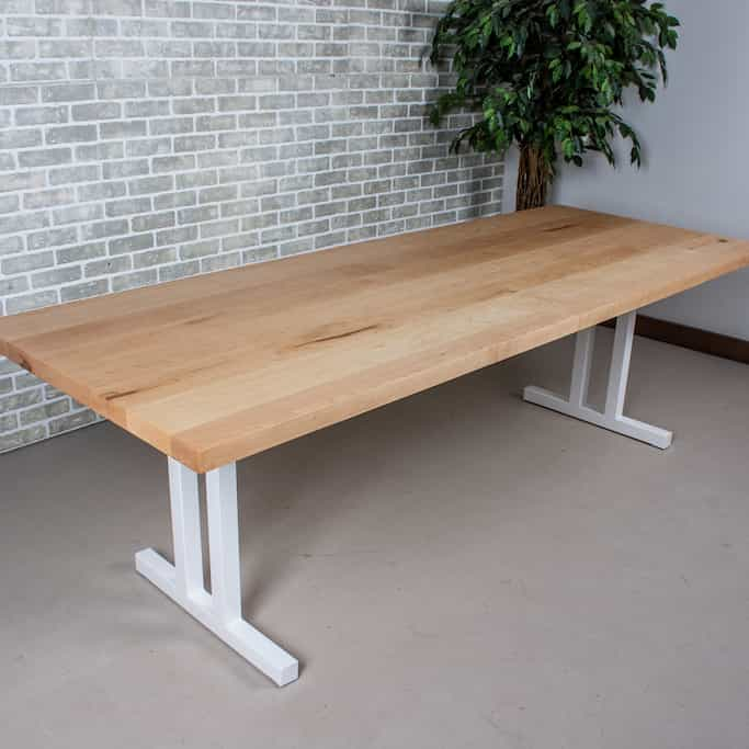 wood dining table on steel legs