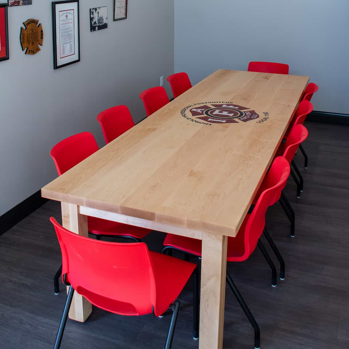 solid maple conference table with epoxy logo