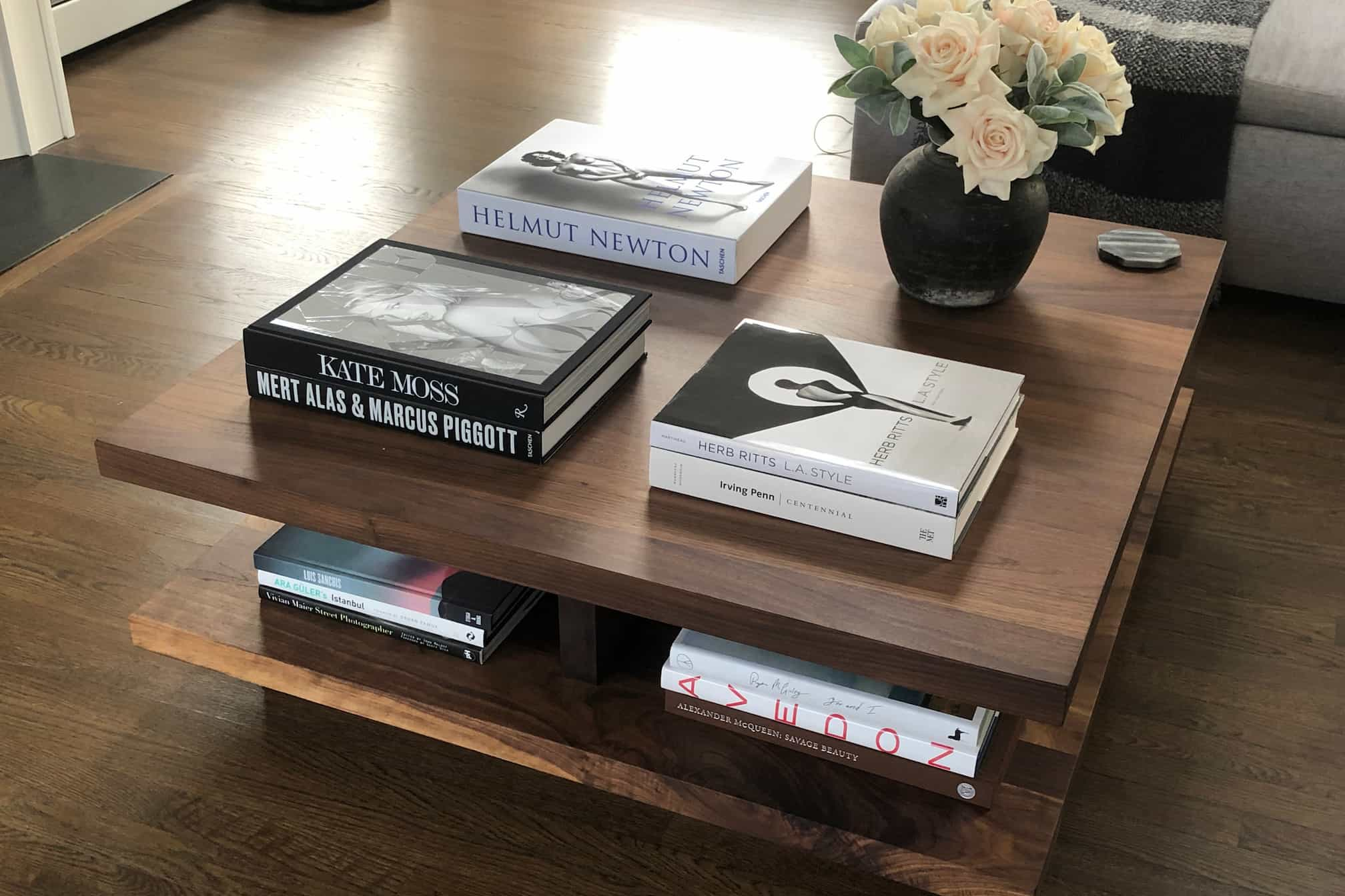 walnut coffee table with shelf