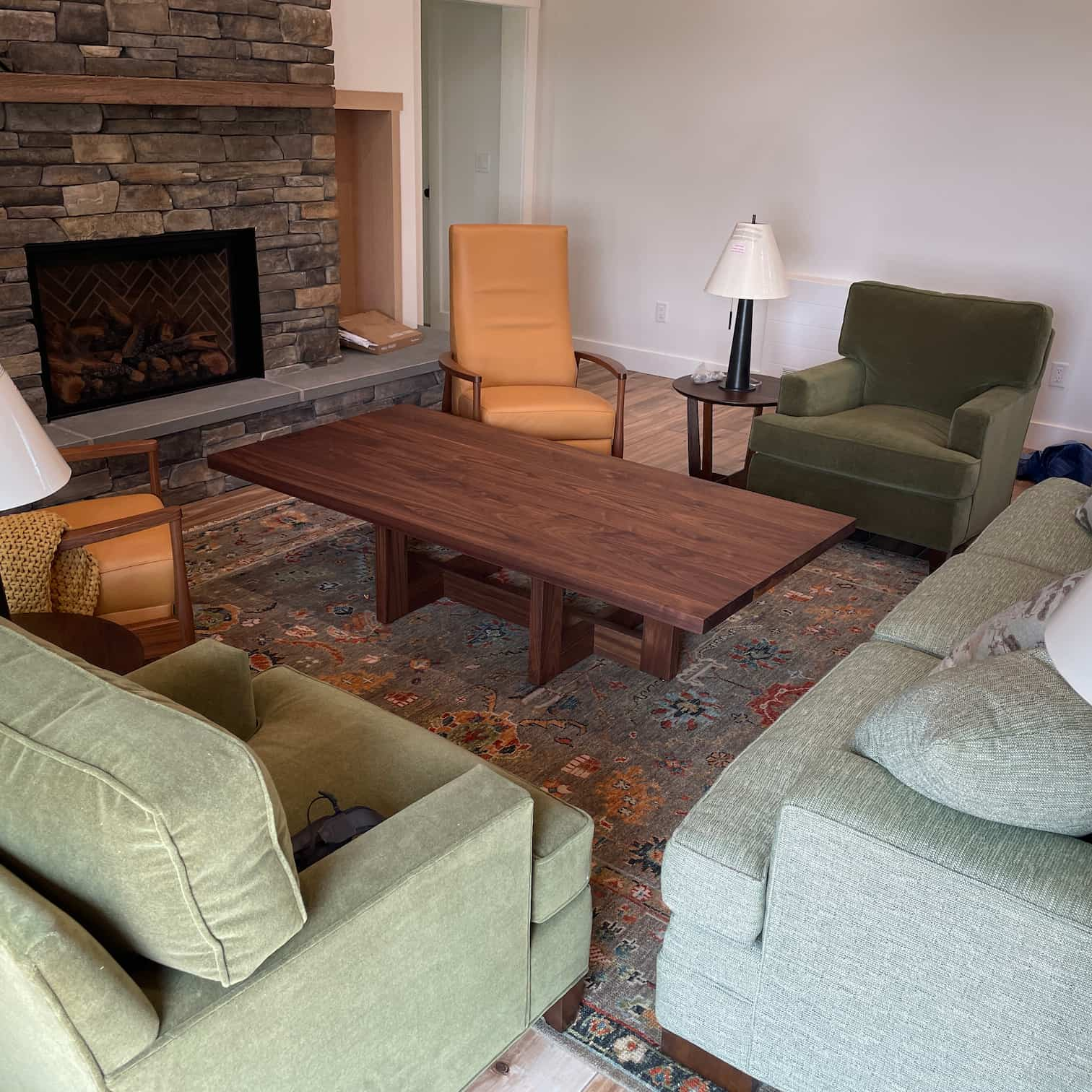 walnut coffee table on double cross pedestal base