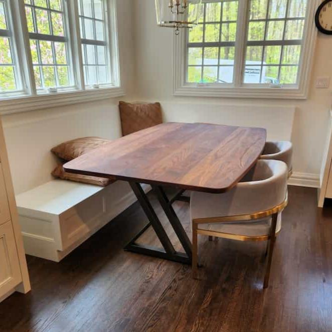 walnut dining table for banquette