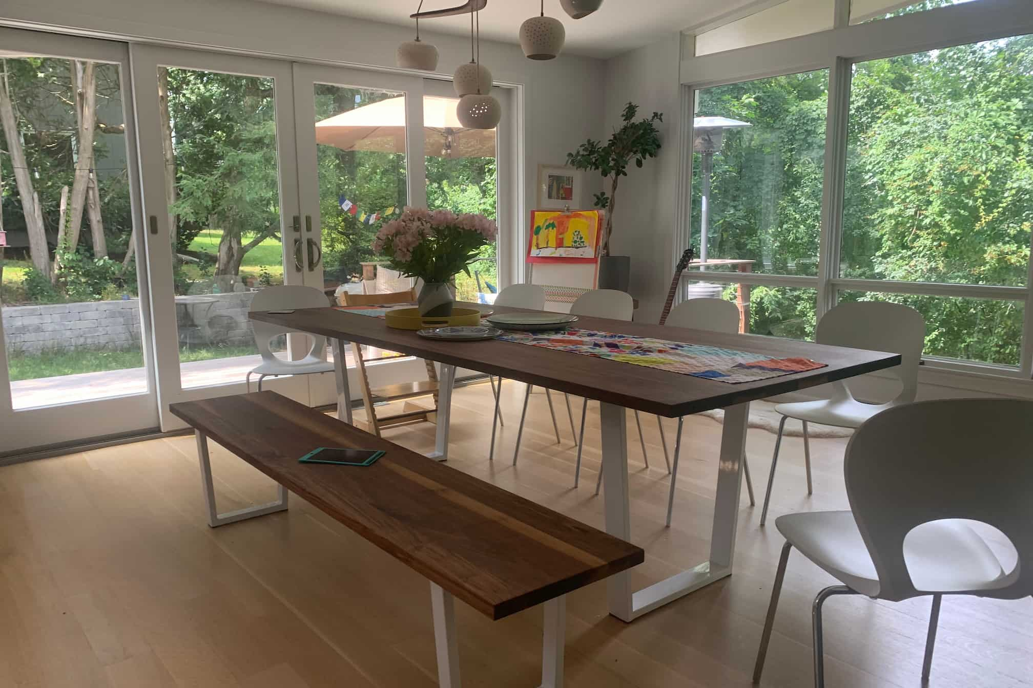 walnut table and bench