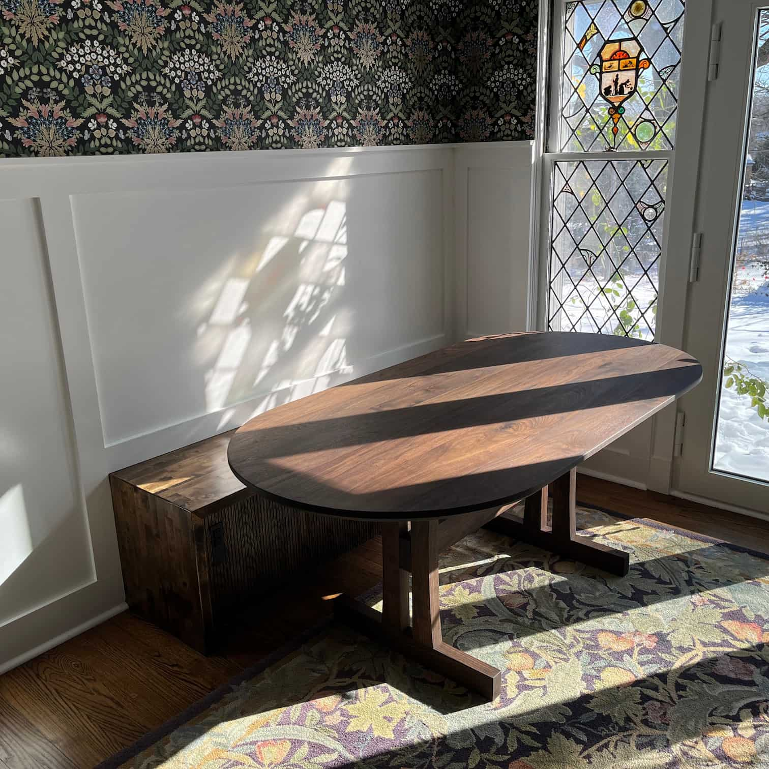 walnut table and bench