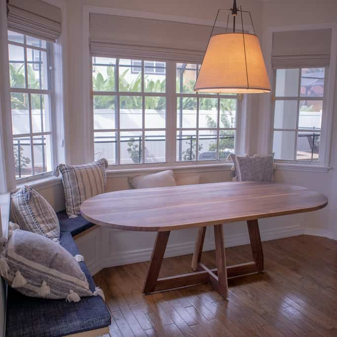 walnut table with banquette