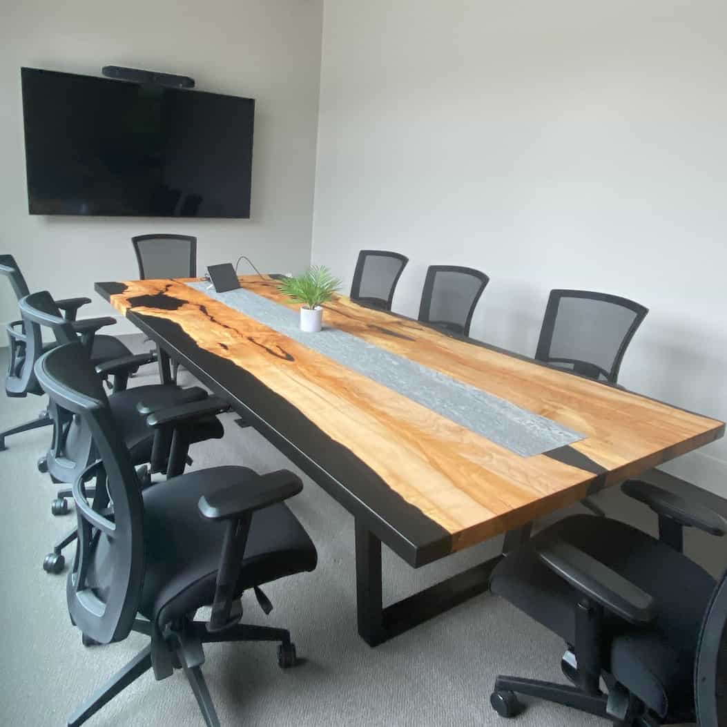 maple conference table with epoxy and granite inlay